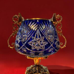 GRAN CENTRO DE MESA CRISTAL AZUL CON BRONCERIA