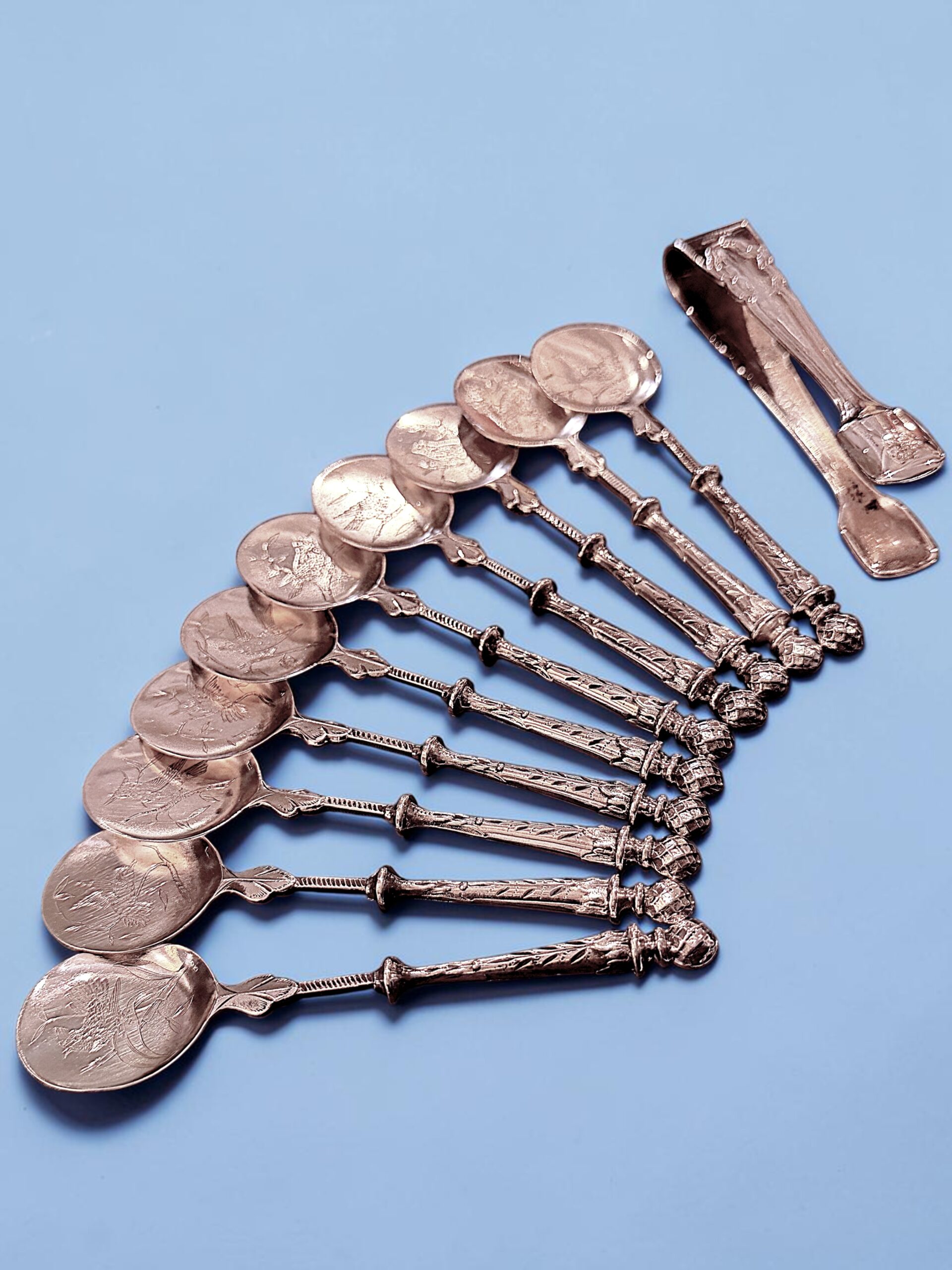 CUCHARAS PLATA 925 AVES CINCELADAS CIRCA 1900