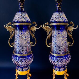 DUO POTICHES 70CM DE ALTURA CRISTAL AZUL Y BRONCERIA